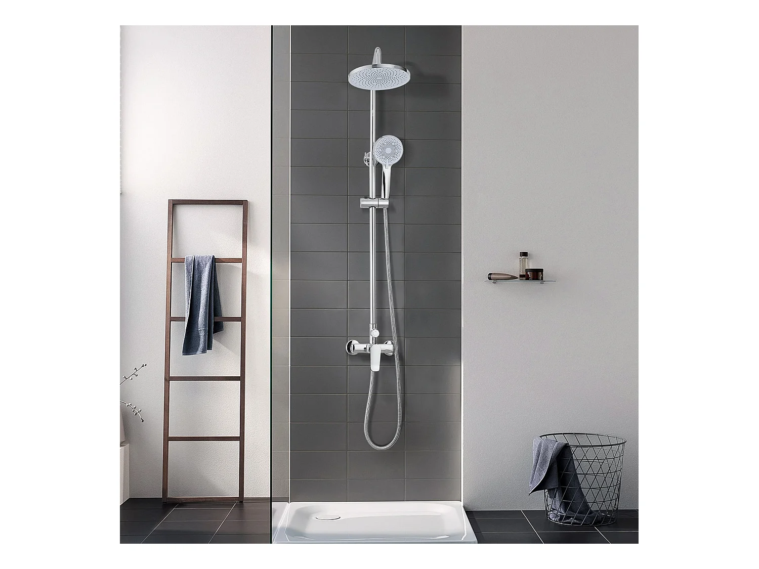 Colonne de douche avec tête de douche ronde et manchette en ABS avec 3 jets, Argent