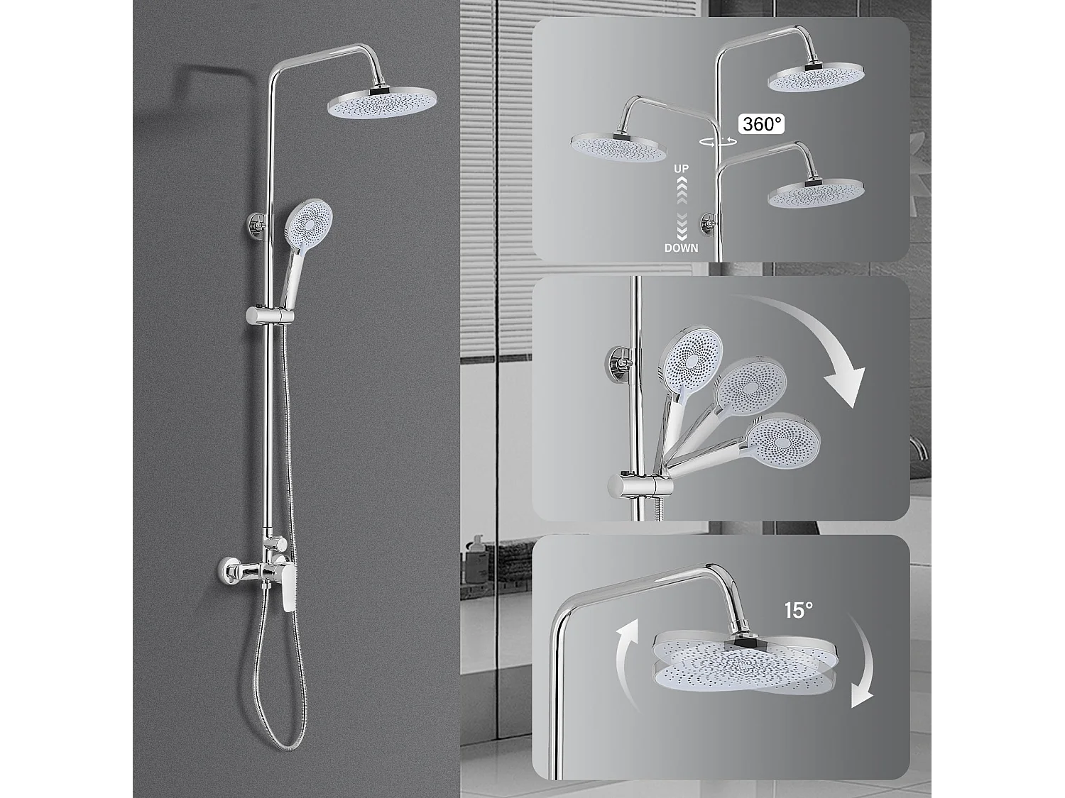 Colonne de douche avec tête de douche ronde et manchette en ABS avec 3 jets, Argent