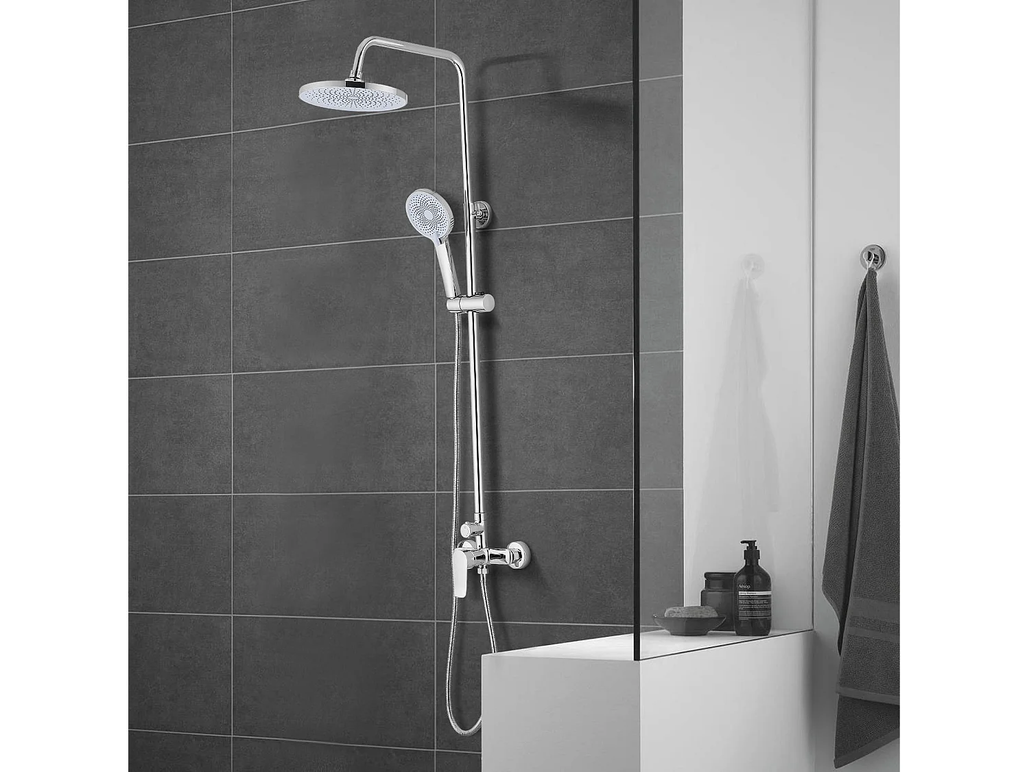 Colonne de douche avec tête de douche ronde et manchette en ABS avec 3 jets, Argent