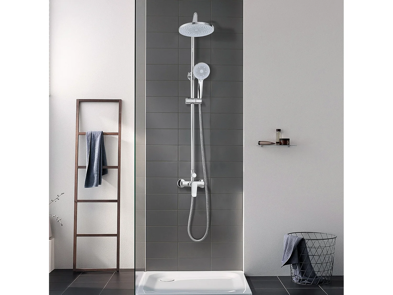 Colonne de douche avec tête de douche ronde et manchette en ABS avec 3 jets, Argent