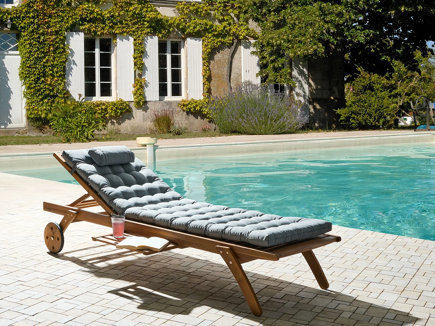 Sun Lounger with Cushion CESANA PREMIUM Acacia Wood Grey Melange