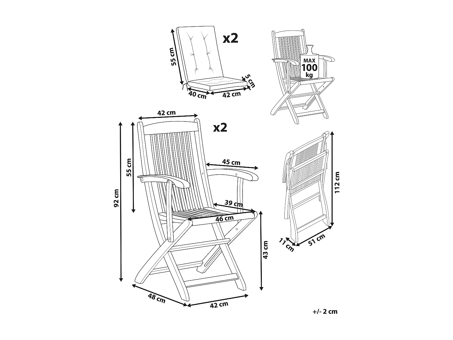 Set di 2 sedie da giardino con cuscini MAUI PREMIUM Legno d'acacia Grigio chiaro