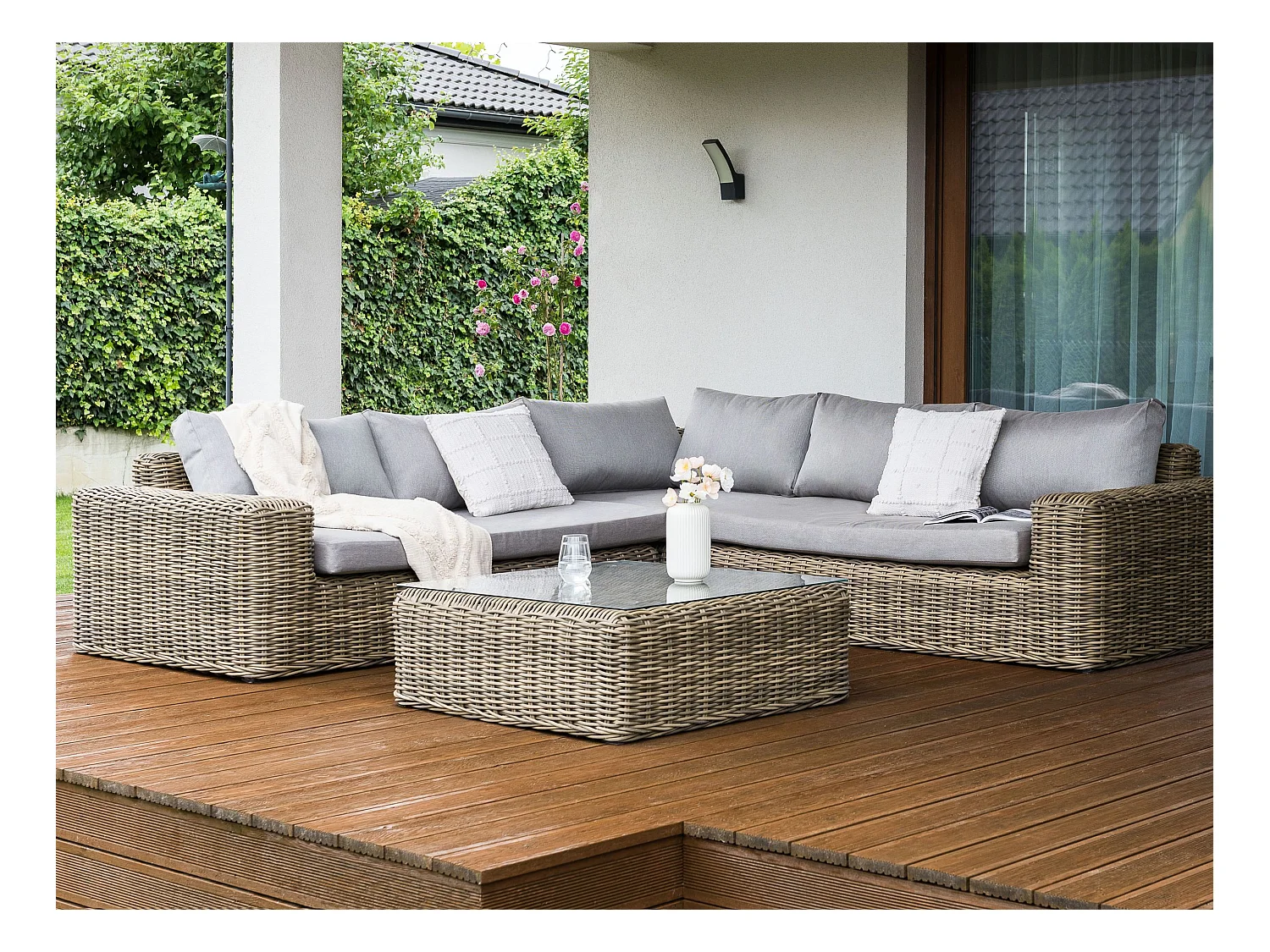 Narożnik ogrodowy z otomaną dla 6 osób PALERMO Modułowy Technorattan Jasnobrązowy