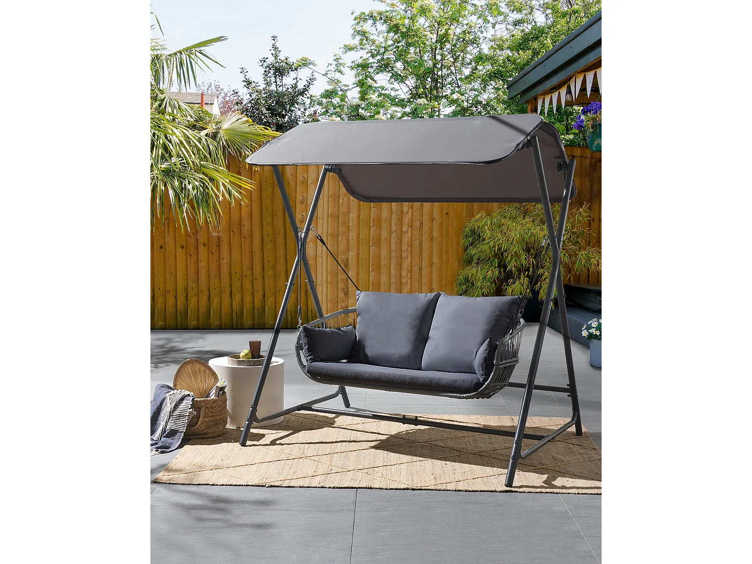 Gartenschaukel aus Stoff Stahl dunkles Grau mit verstellbarem Dach modern Fiastra