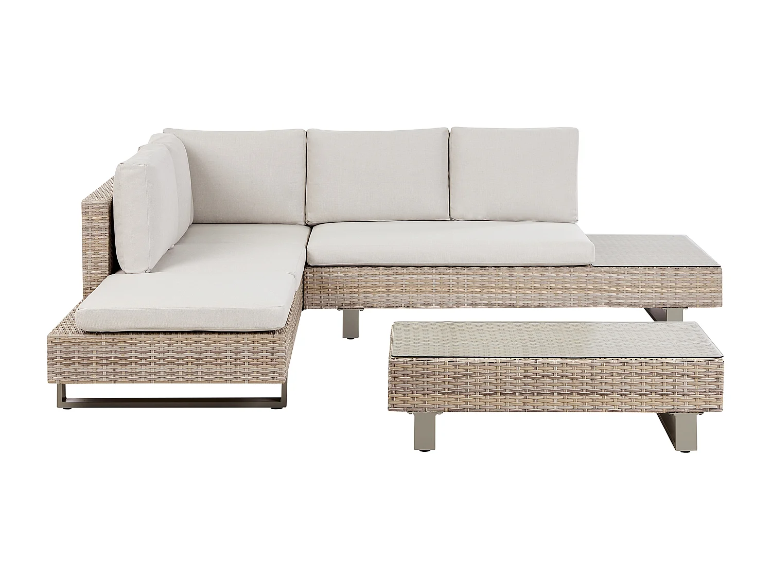 Garten Ecksofa mit Tisch 5-Sitzer LANCIANO rechtsseitig Polyrattan Cremeweiss