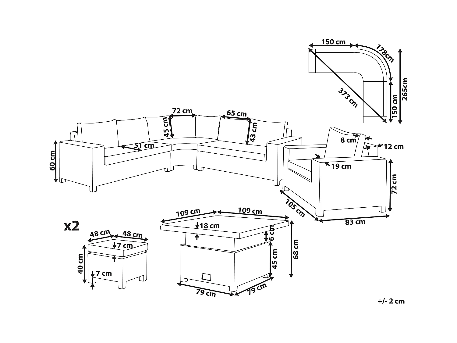 Ensemble de salon de jardin avec table et ottoman 9 places TEGLIO Gris
