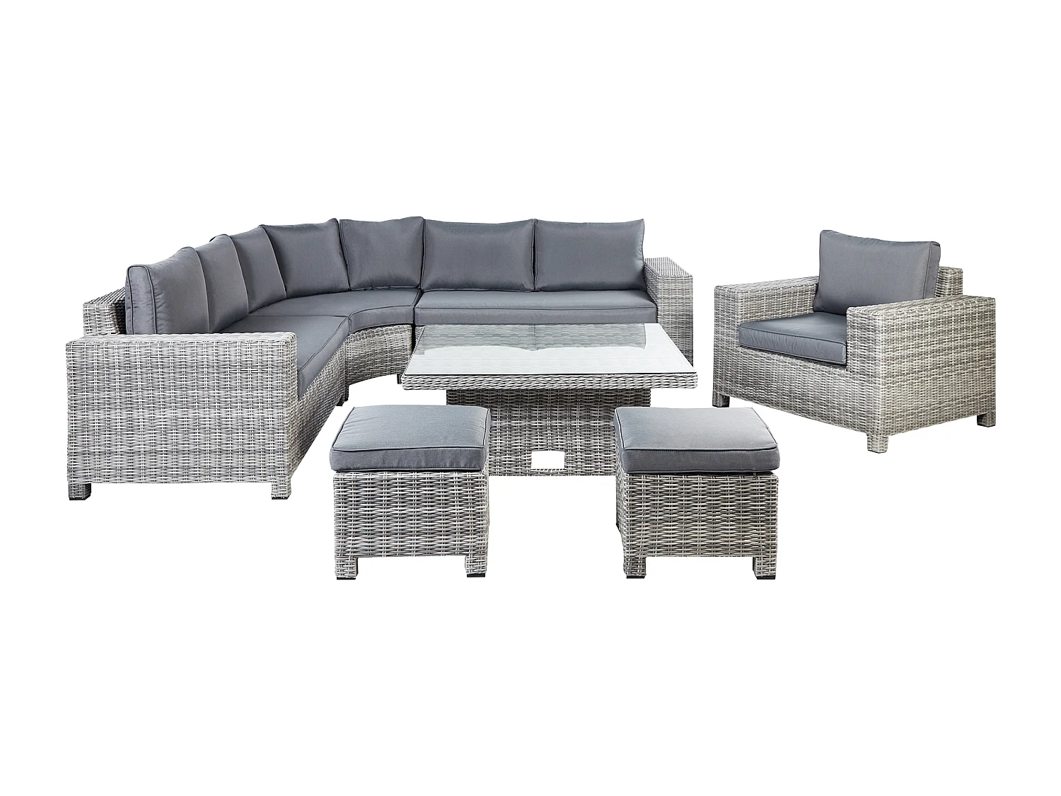 9-Sitzer Lounge Set Rattan grau Ecksofa 2 Ottomanen Auflagen Tisch Sessel Teglio