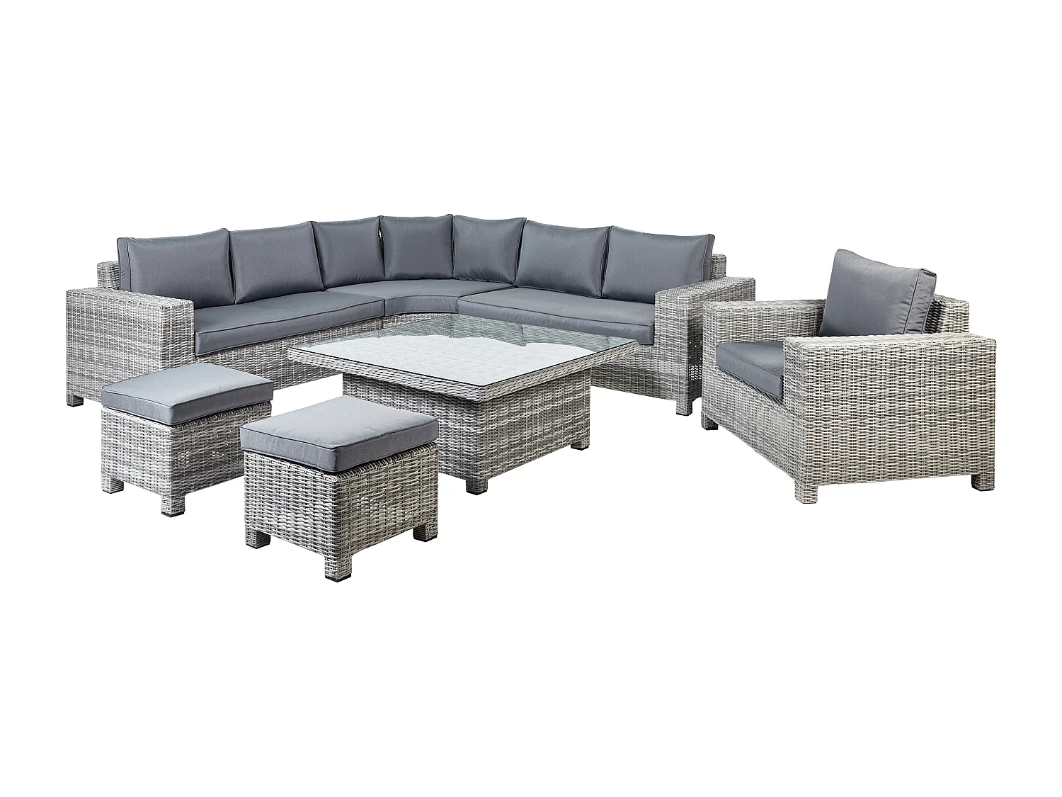 9-Sitzer Lounge Set Rattan grau Ecksofa 2 Ottomanen Auflagen Tisch Sessel Teglio