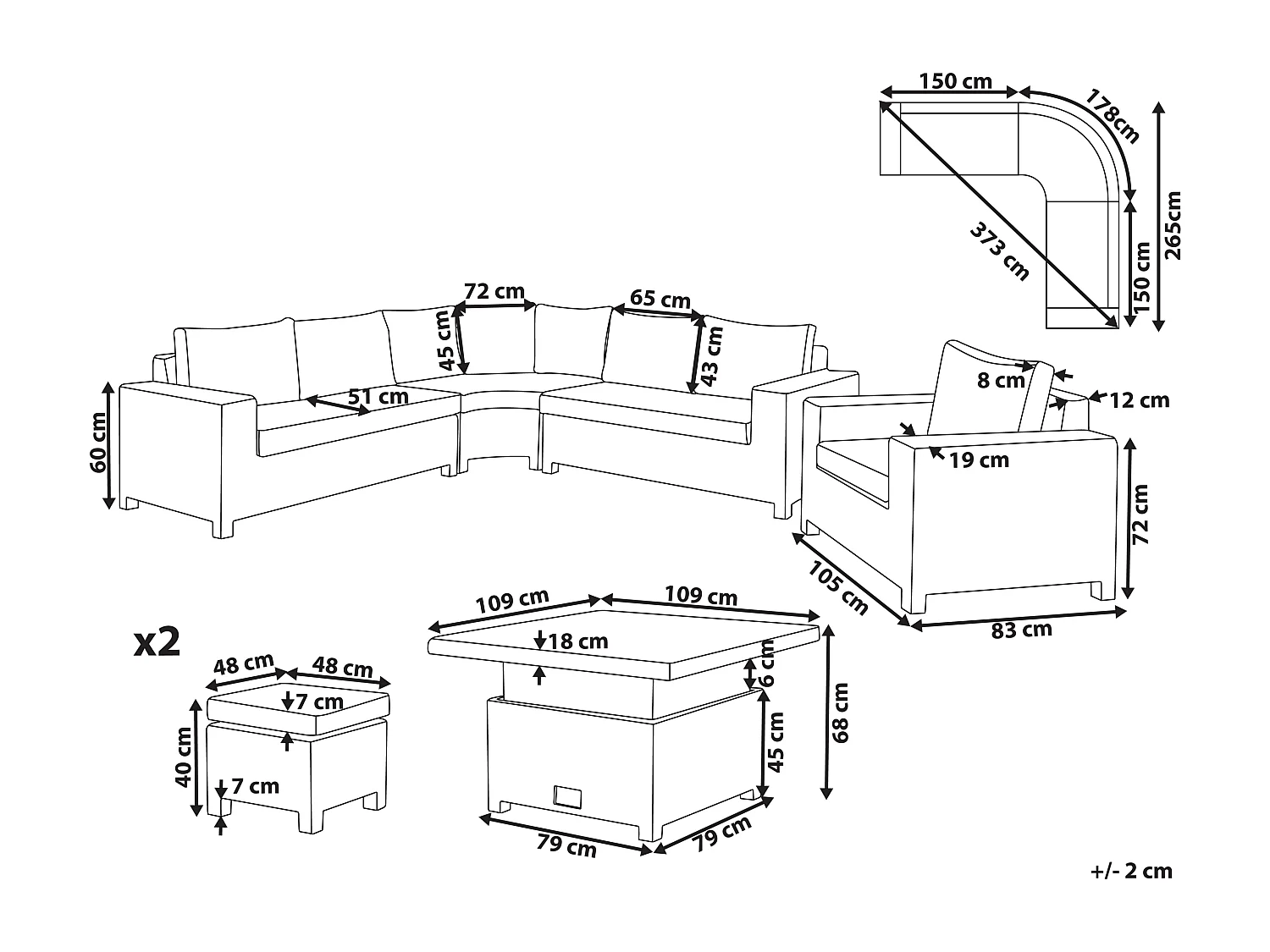 Loungeset met tafel en ottomaan 9-zitter TEGLIO Grijs