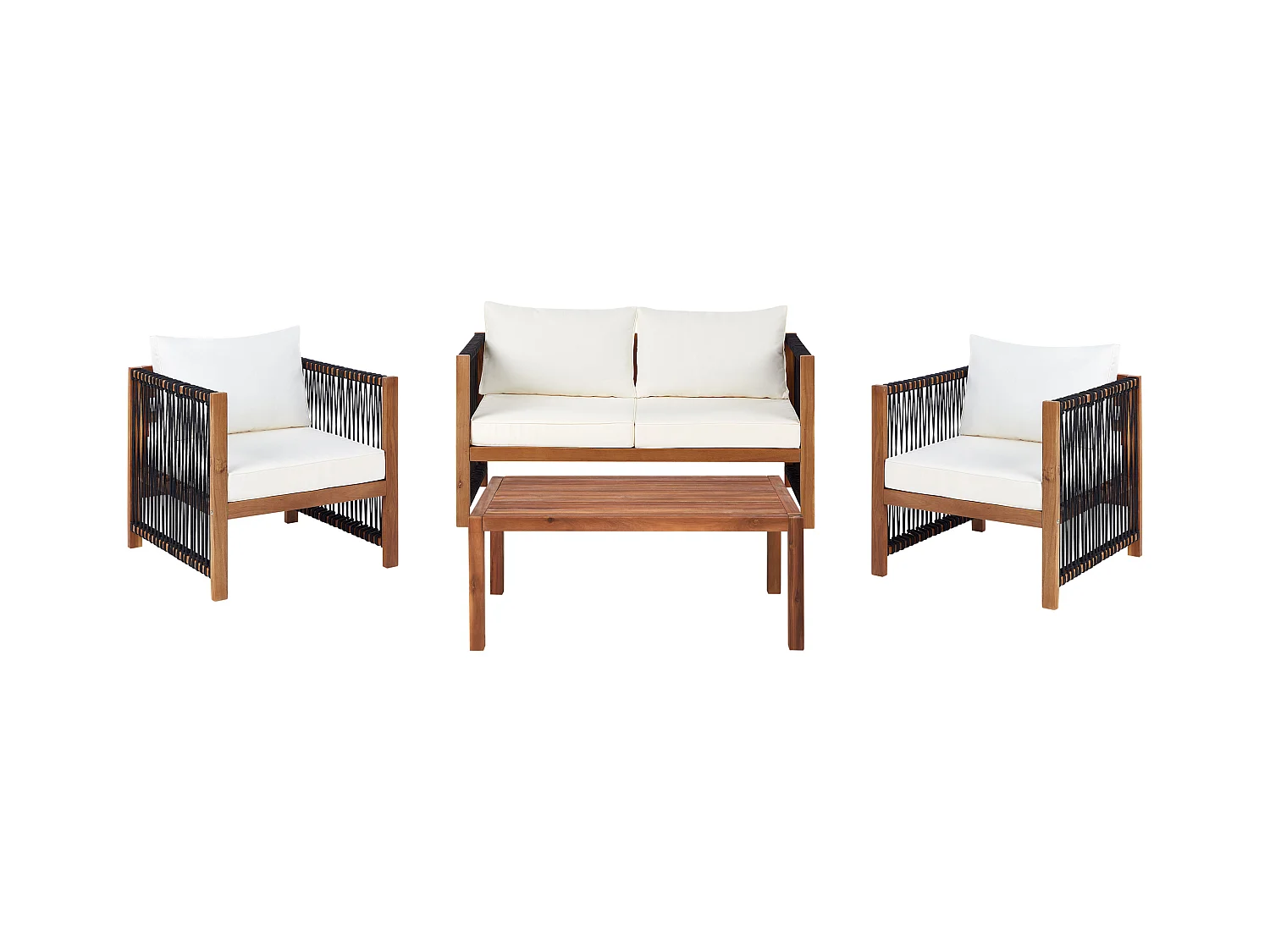 Lounge Set 4-teilig Akazienholz hellbraun / schwarz mit Kissen cremeweiß Antria