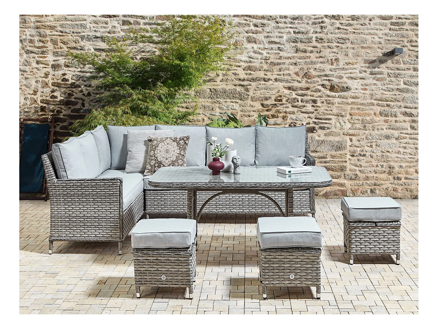 Zestaw ogrodowy ze stolikiem i otomaną dla 9 osób LACONA Prawostronny Technorattan Jasnoszary