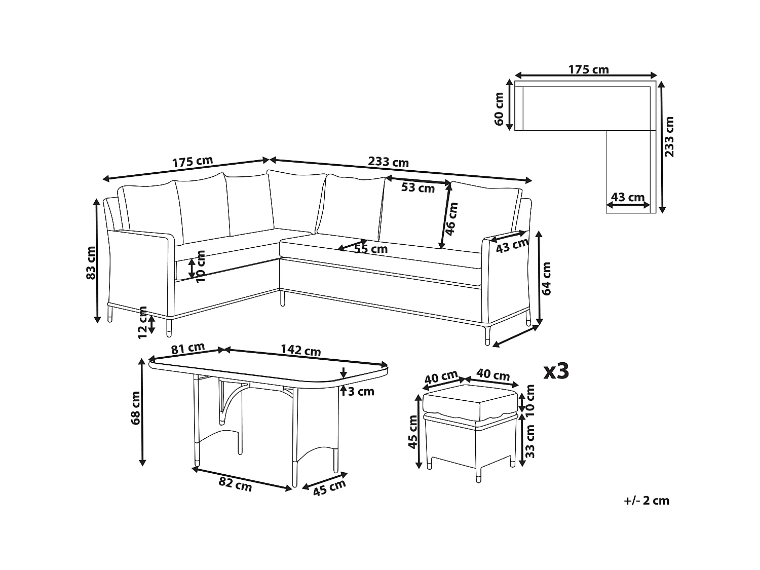 Zestaw ogrodowy ze stolikiem i otomaną dla 9 osób LACONA Prawostronny Technorattan Jasnoszary