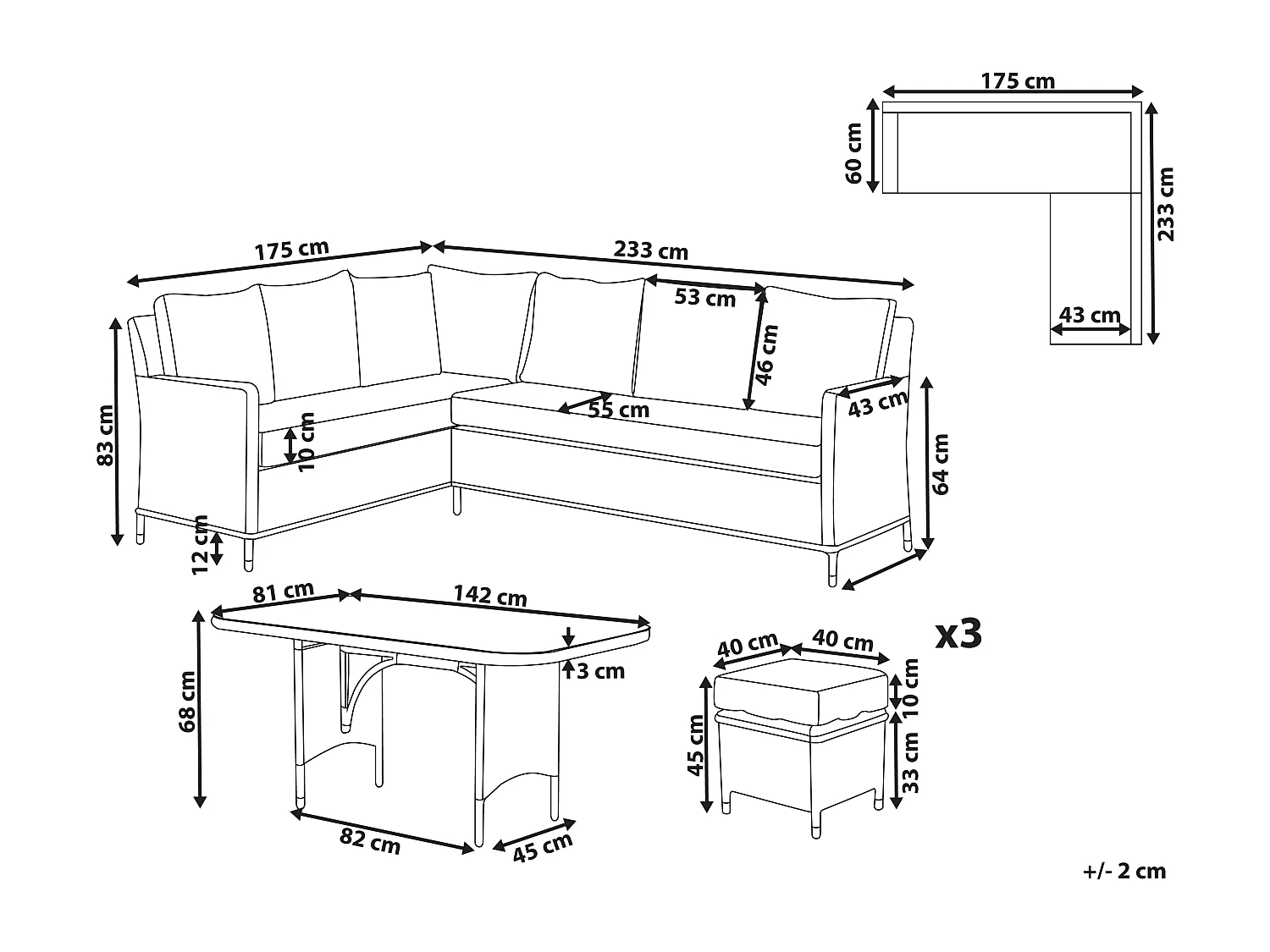 Ensemble de salon de jardin avec table et ottoman 9 places LACONA Côté droit Gris clair