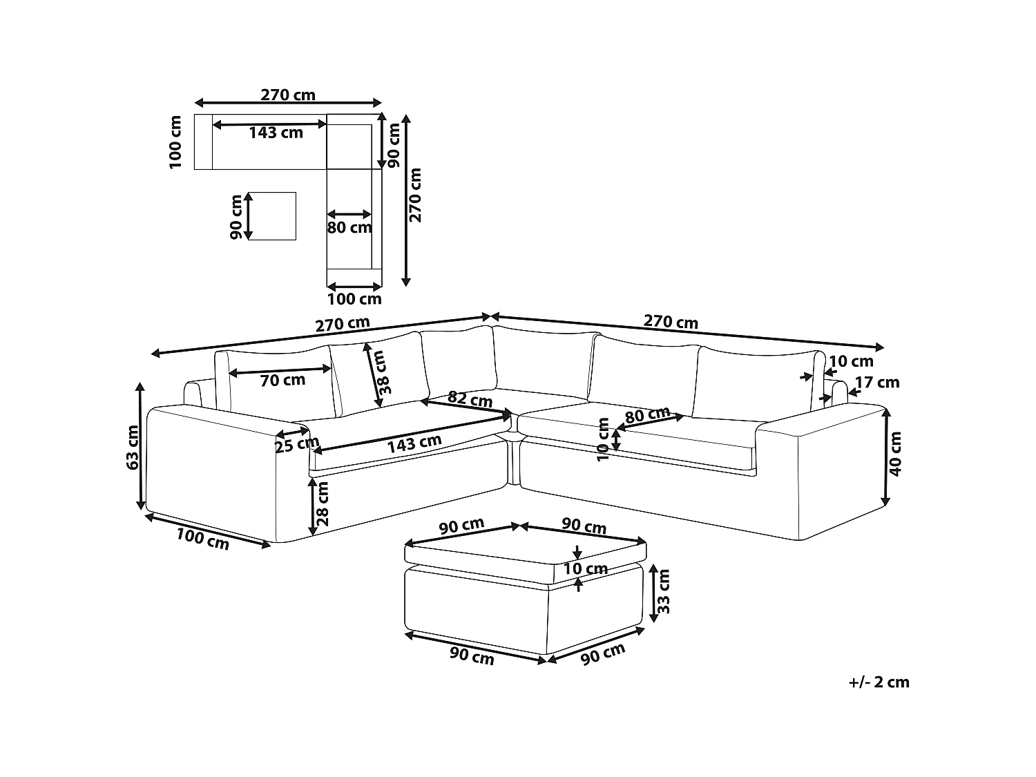 Canapé d'angle de jardin avec ottoman 6 places PALERMO Marron
