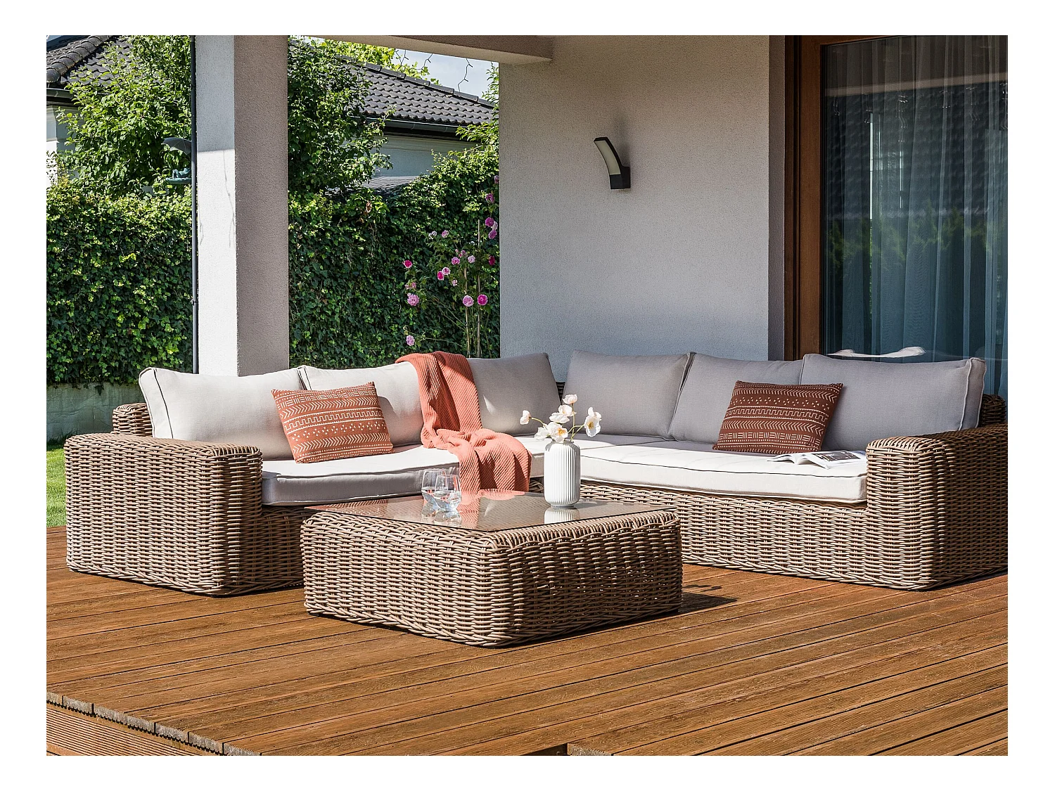 Garten Lounge Set Polyrattan braun mit Auflagen weiß modular 6-Sitzer Palermo