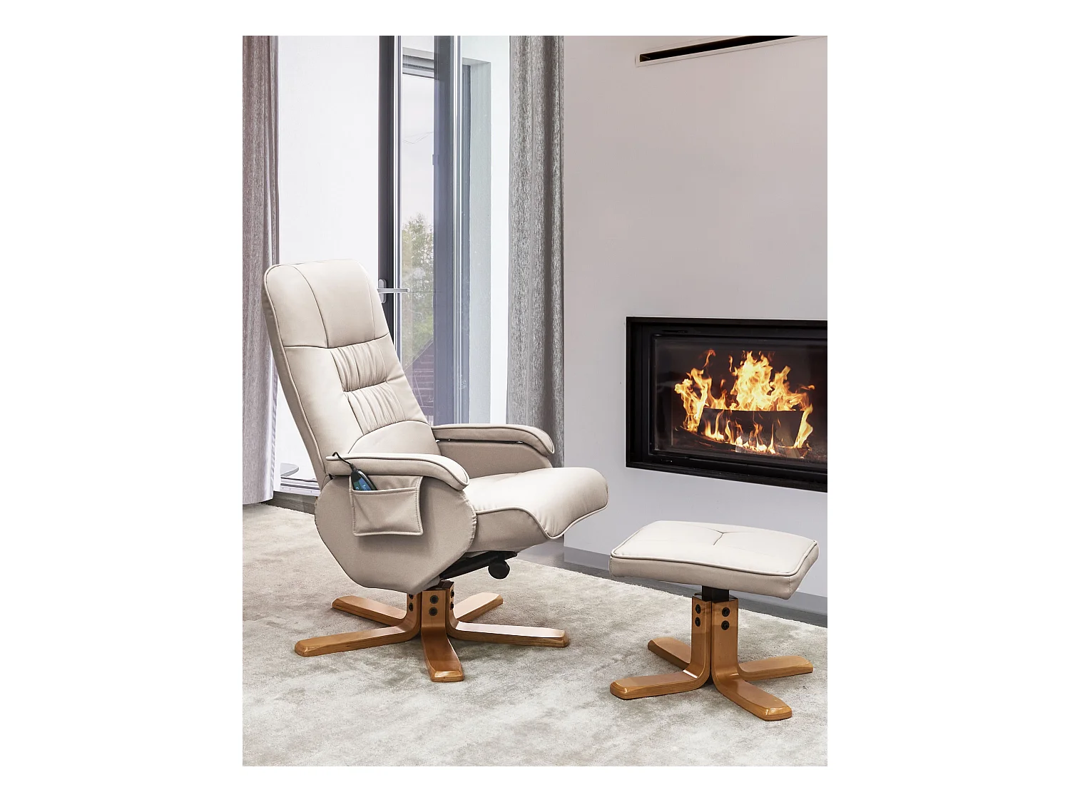 Massagesessel in Hellbeige aus Kunstleder mit Heizfunktion u. Fußhocker RelaxPro