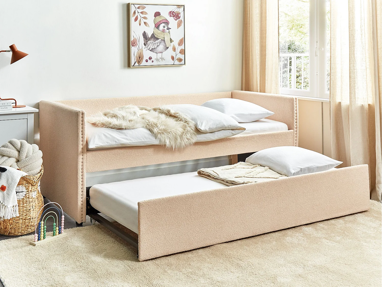 Lit gigogne Bouclé TROYES 90 x 200 cm Rose pêche