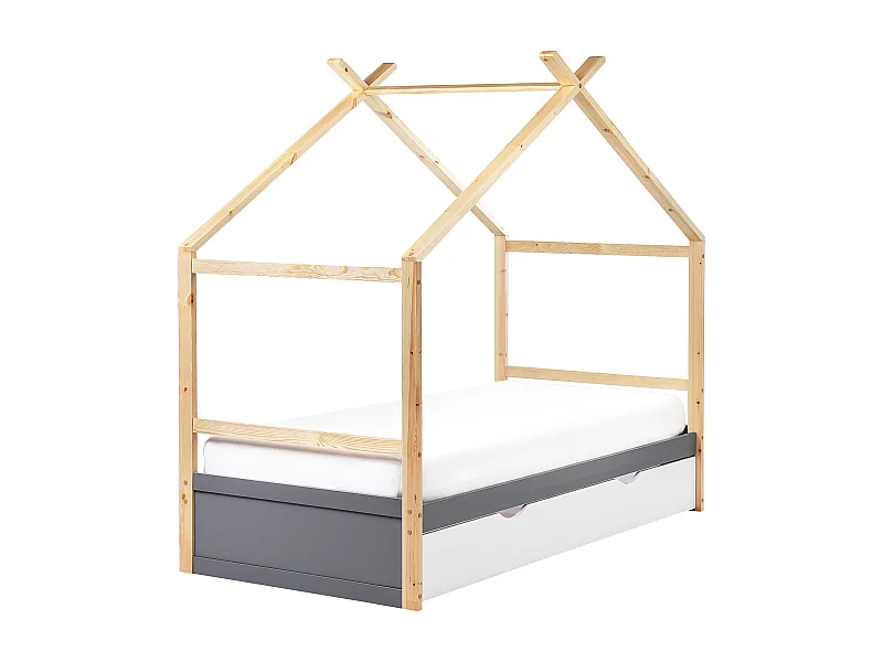 Lit d\'enfant Maison Bois de pin ORGEVAL 90 x 200 cm avec rangement Gris