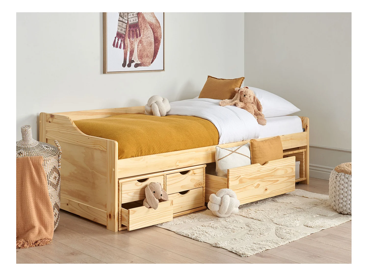 Cama con almacenaje Madera de pino ROYVILLE 90 x 200 cm Marrón claro