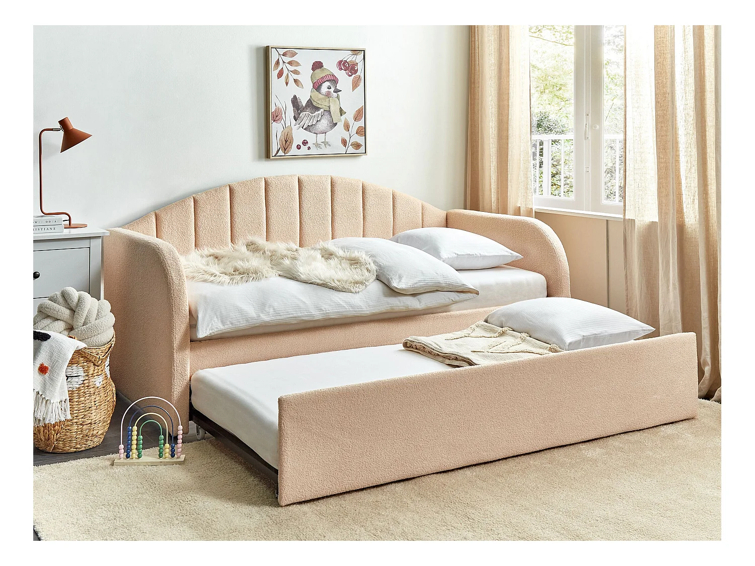 Lit gigogne Bouclé EYBURIE 90 x 200 cm Rose pêche