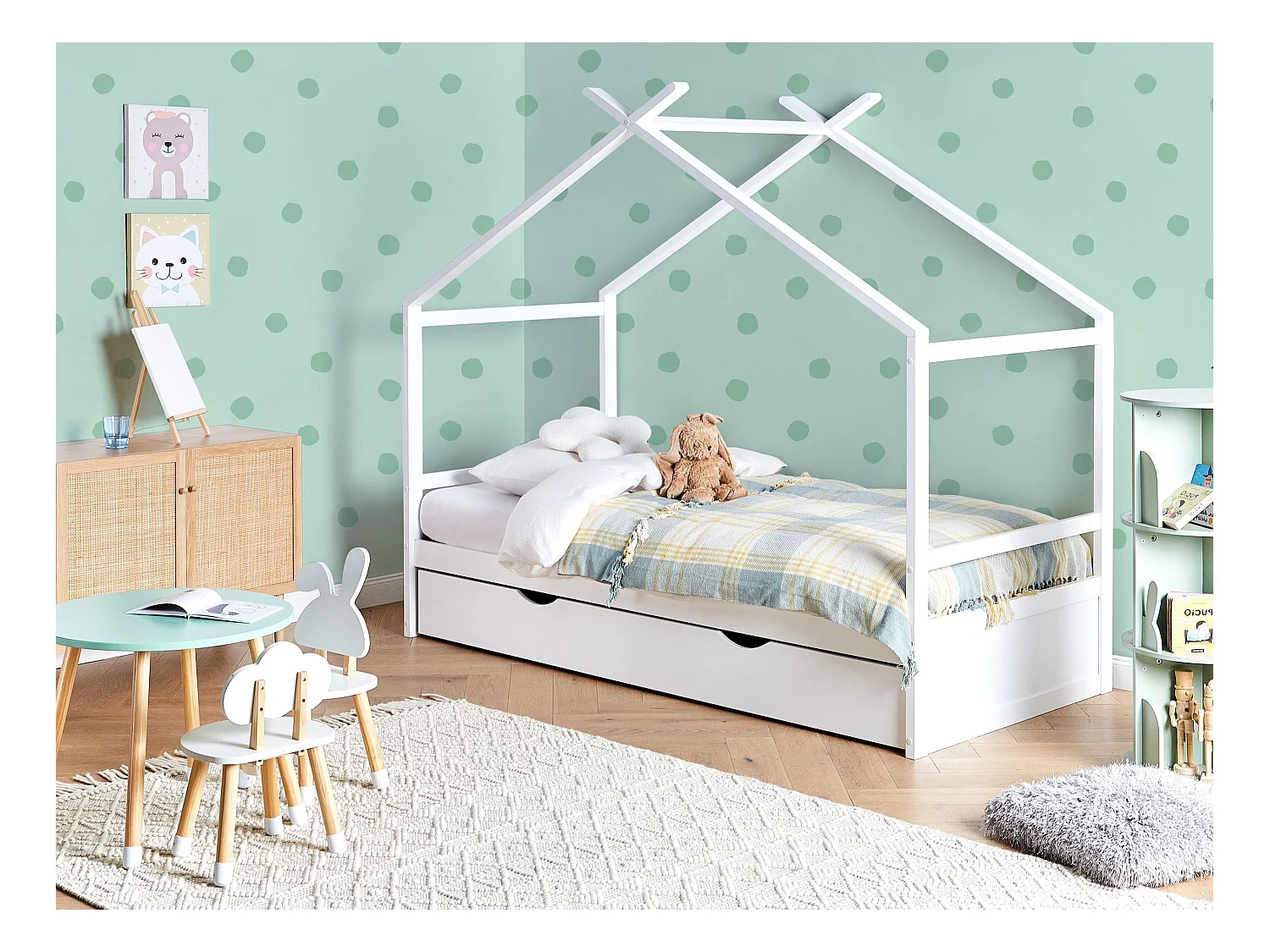 Lit d'enfant Maison Bois de pin ORGEVAL 90 x 200 cm avec rangement Blanc