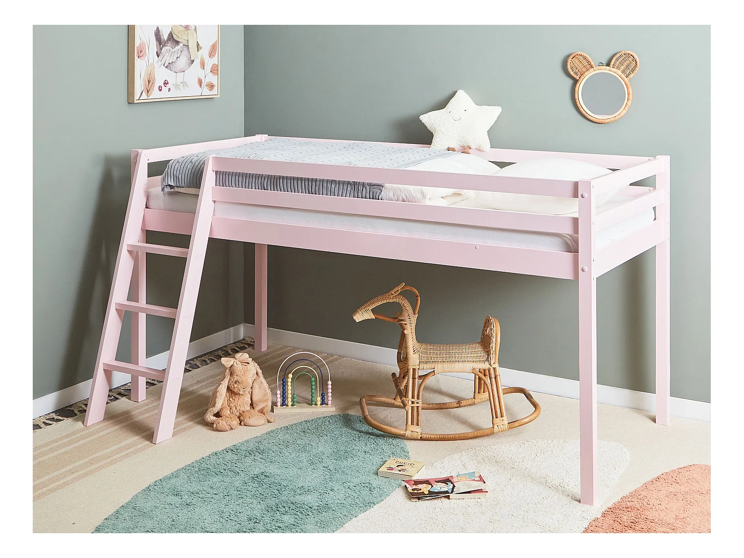 Łóżko na antresoli Drewno sosnowe ASCOUX 90 x 200 cm Różowy