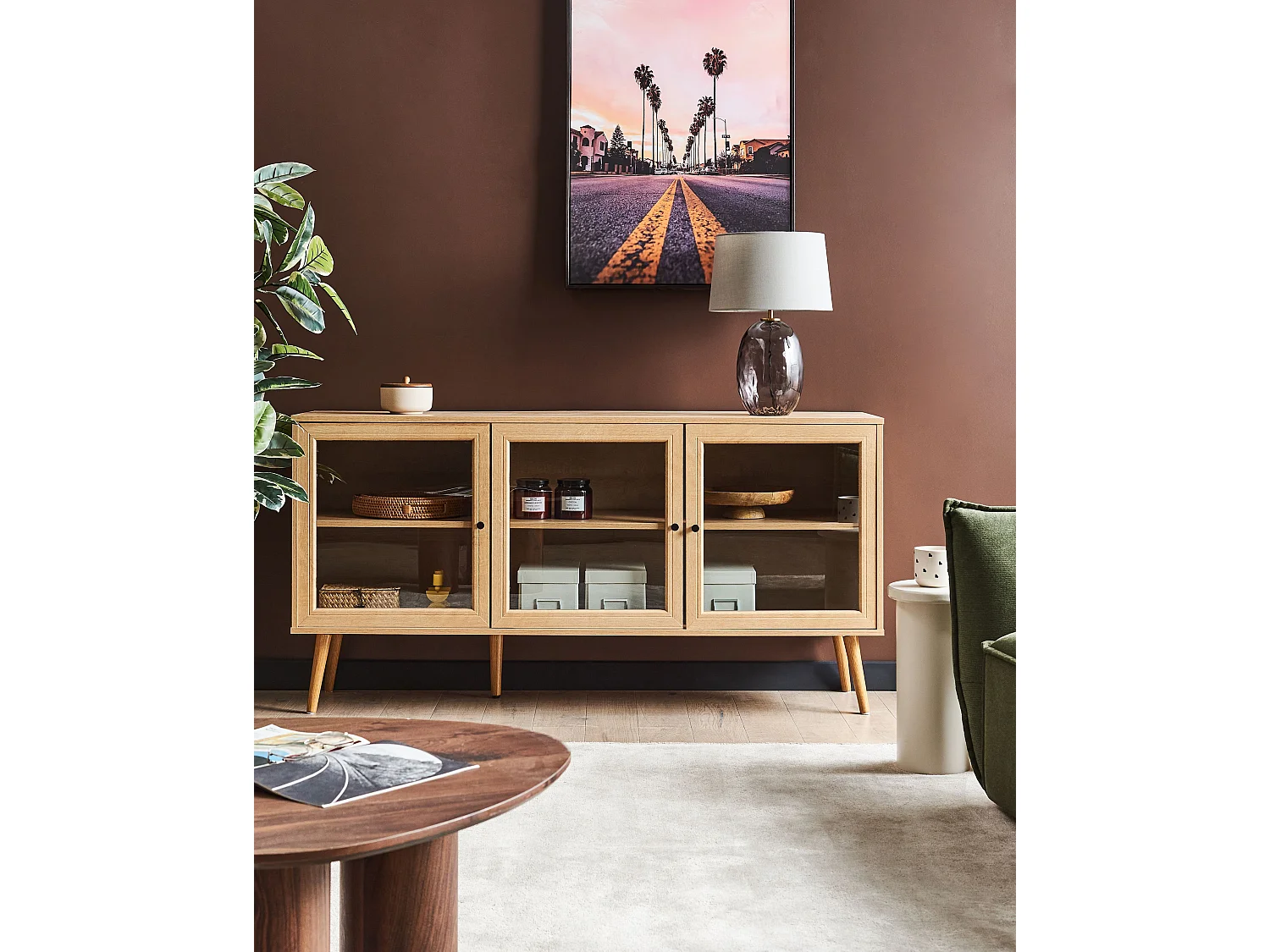 Buffet avec vitrine en verre ALBANY 150 cm Marron clair