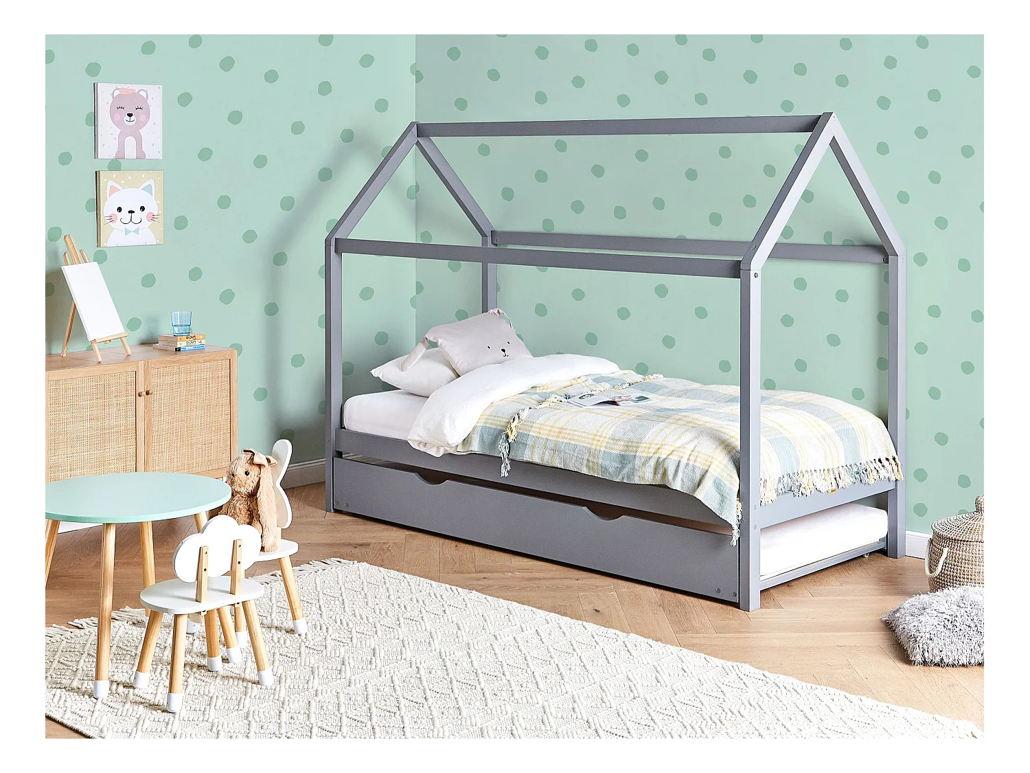 Kinderbett mit Ausziehbett Kiefernholz CRILLON 90 x 200 cm Grau