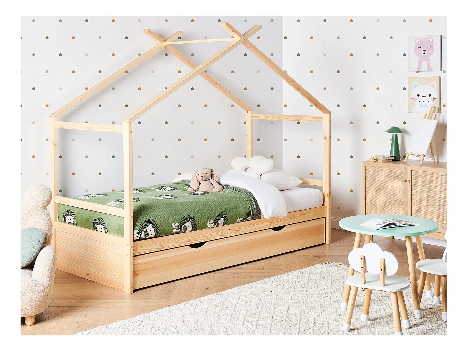 Kinder-Hausbett mit Stauraum Kiefernholz hellbraun Lattenrost 90 x 200 cm ORGEVAL