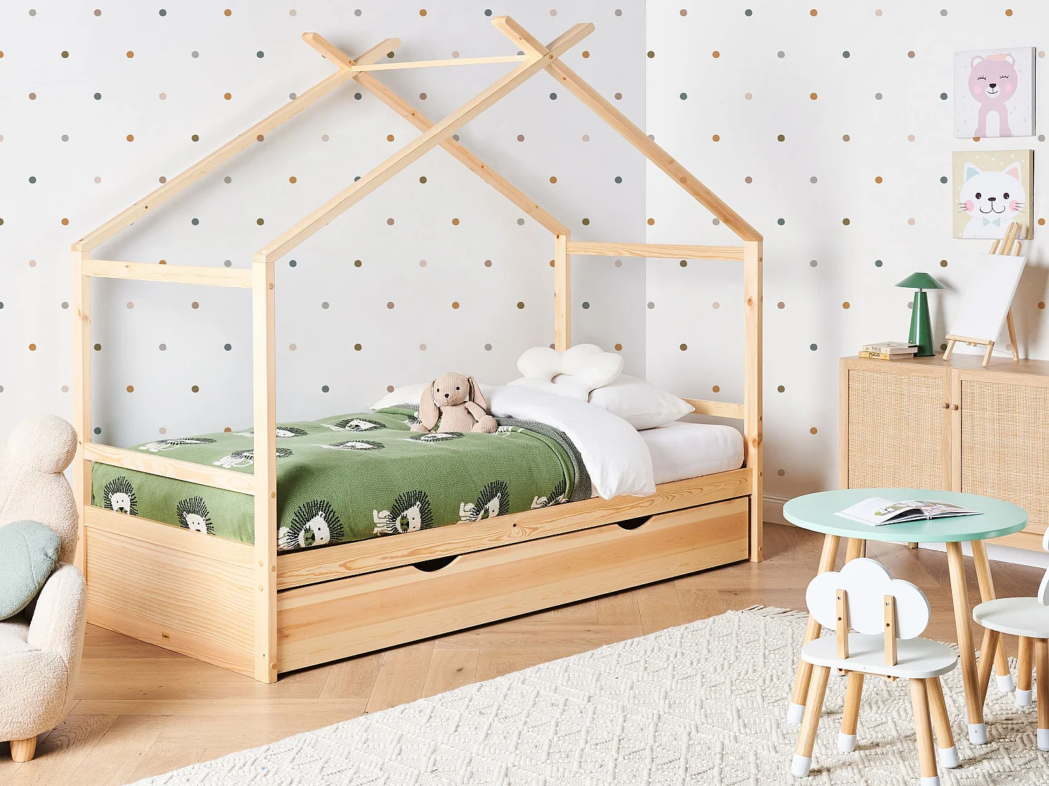 Lit d'enfant Maison Bois de pin ORGEVAL 90 x 200 cm avec rangement Marron clair