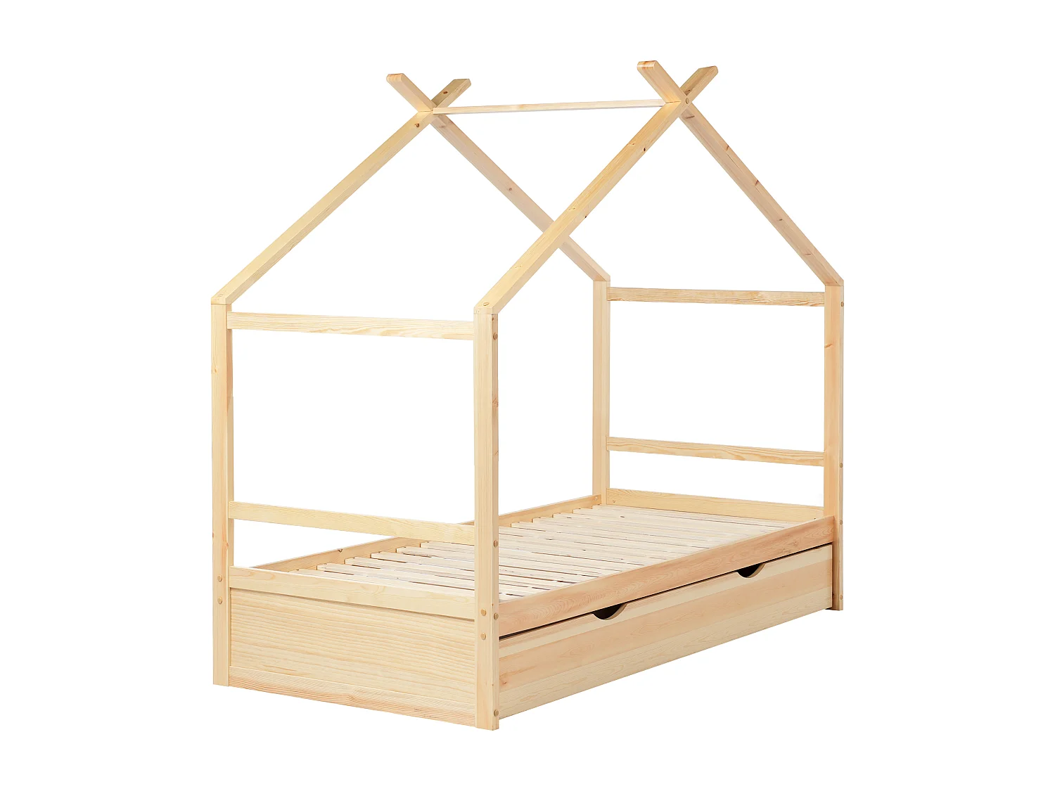 Kinder-Hausbett mit Stauraum Kiefernholz hellbraun Lattenrost 90 x 200 cm ORGEVAL