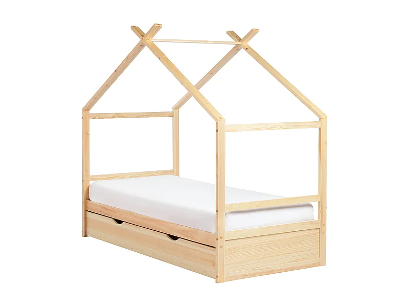 Lit d'enfant Maison Bois de pin ORGEVAL 90 x 200 cm avec rangement Marron clair