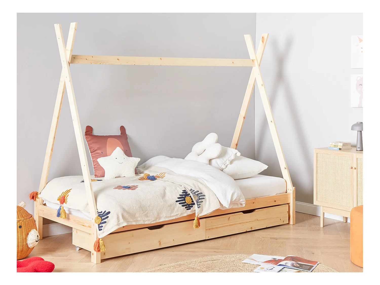 Tipi-Kinderbett mit Schubladen Kiefernholz hellbraun Lattenrost 90 x 200 cm DEVAY