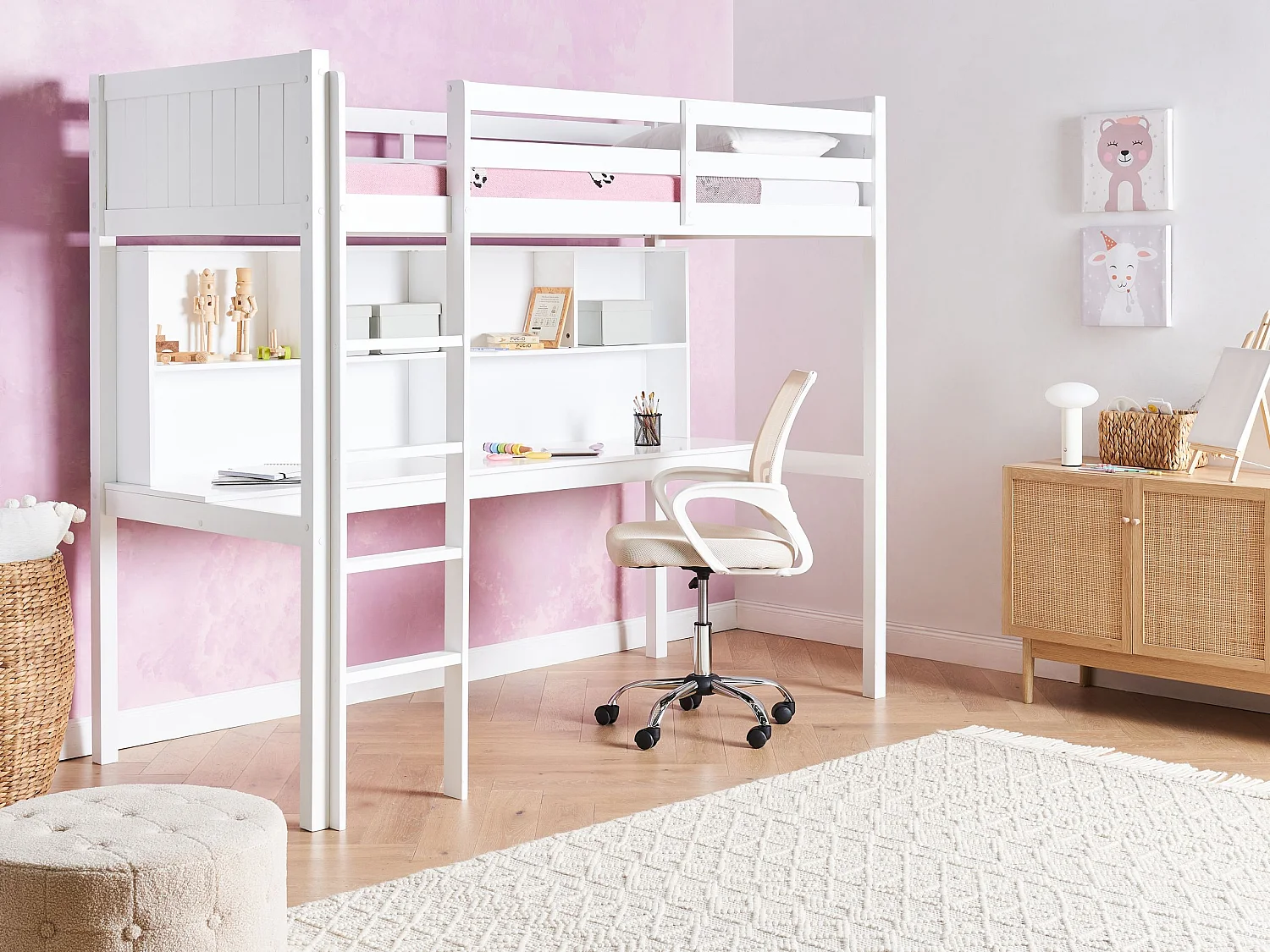 Letto matrimoniale alto con scrivania Legno di pino FOUCAMONT 90 x 200 cm Bianco