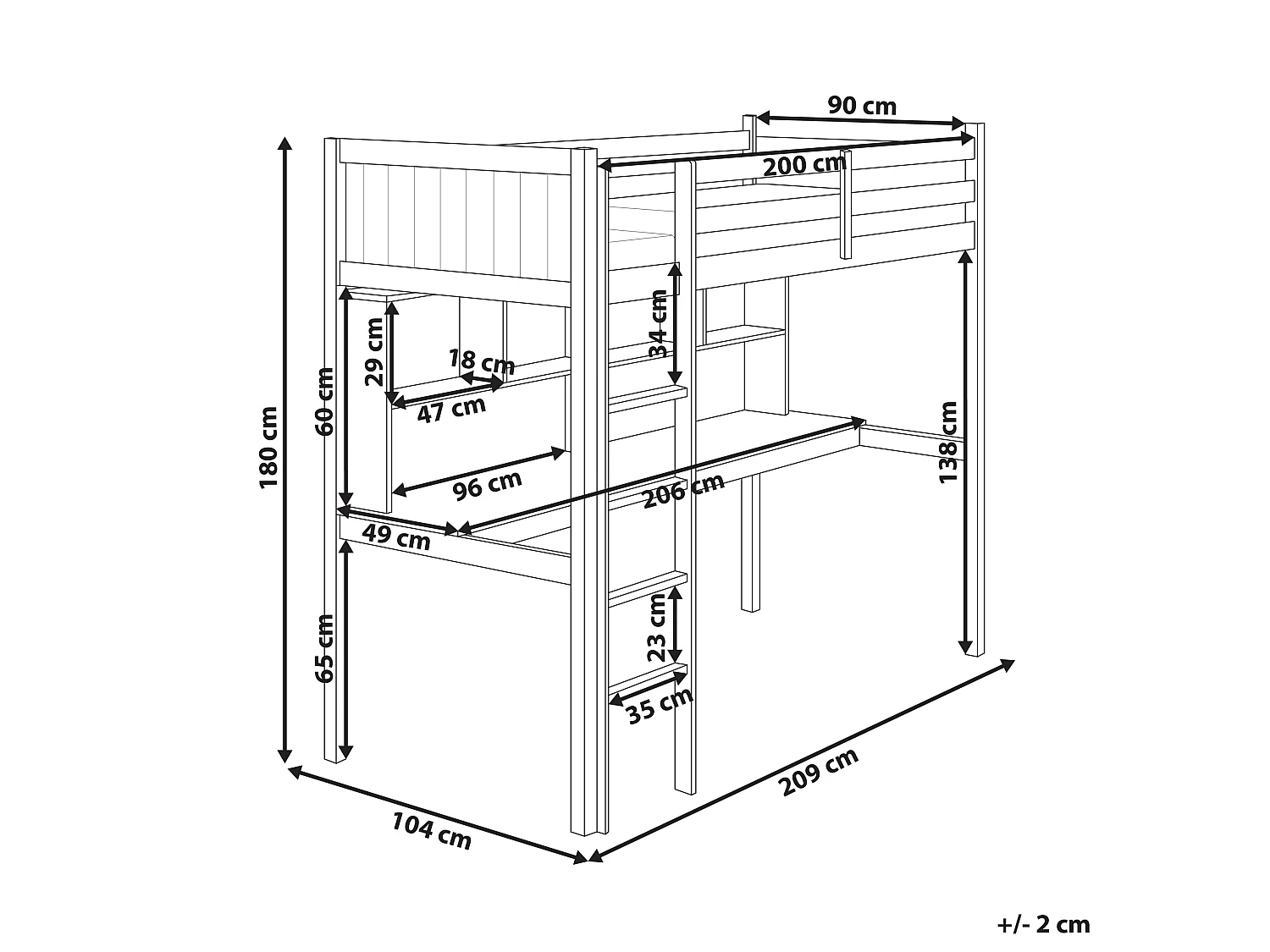 Hoogslaper met bureau Dennenhout FOUCAMONT 90 x 200 cm Wit