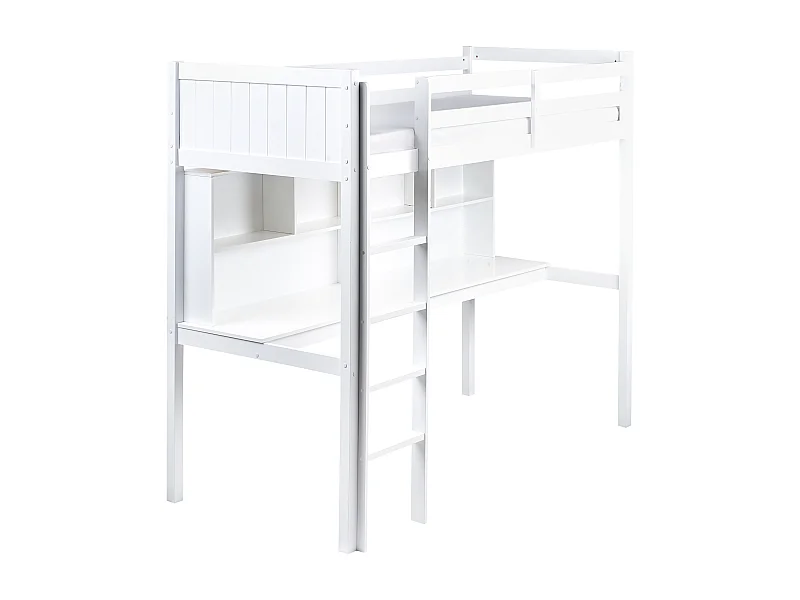 Letto matrimoniale alto con scrivania Legno di pino FOUCAMONT 90 x 200 cm Bianco