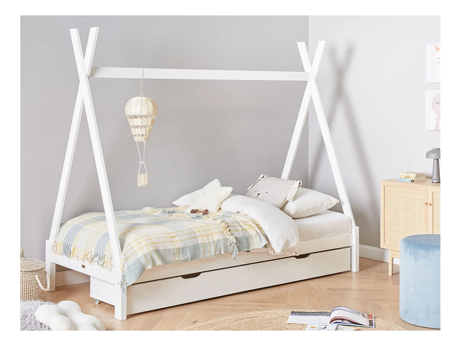 Tipi-Kinderbett mit Schubladen Kiefernholz weiss Lattenrost 90 x 200 cm DEVAY