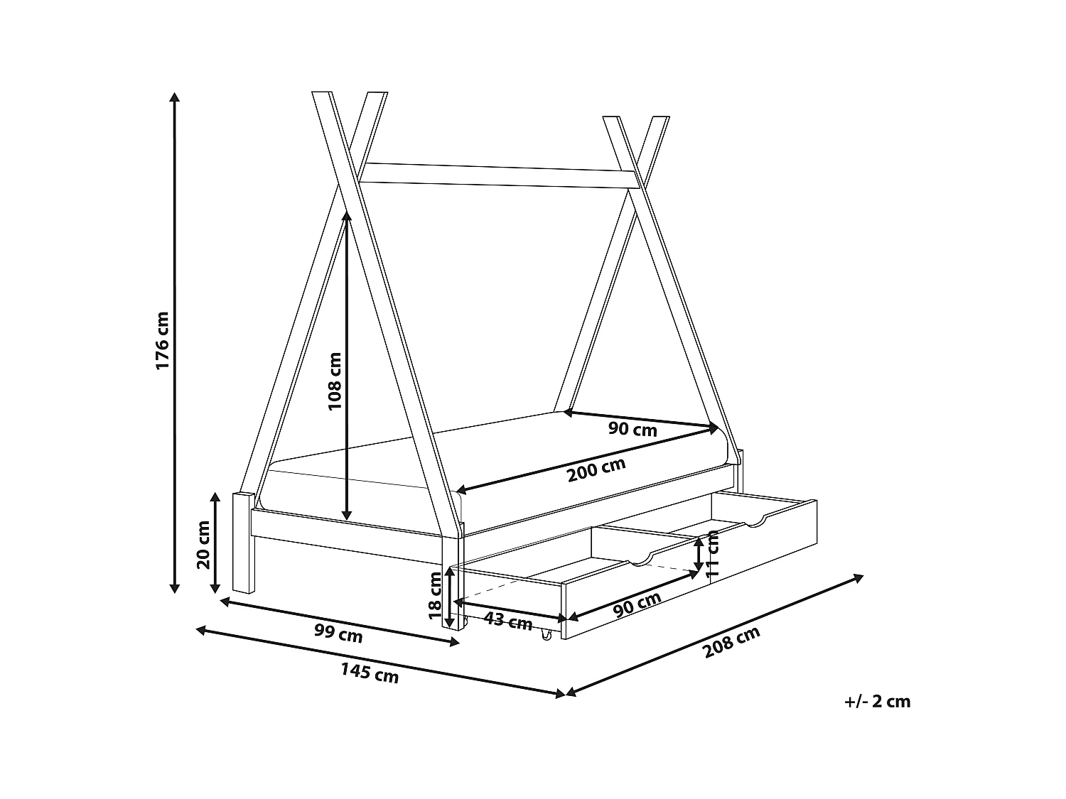 Łóżko dziecięce tipi drewniane z szufladami 90 x 200 cm białe DEVAY