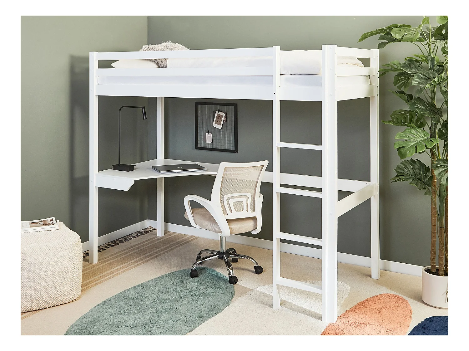 Lit superposé avec bureau Bois de pin LOURY 90 x 200 cm Blanc