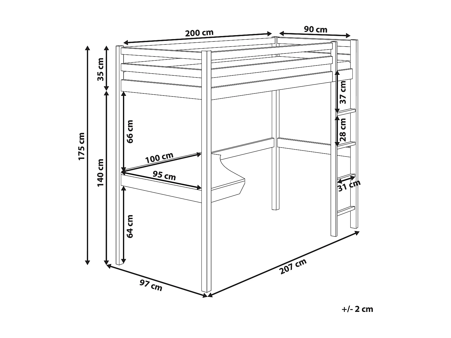 Lit superposé avec bureau Bois de pin LOURY 90 x 200 cm Blanc