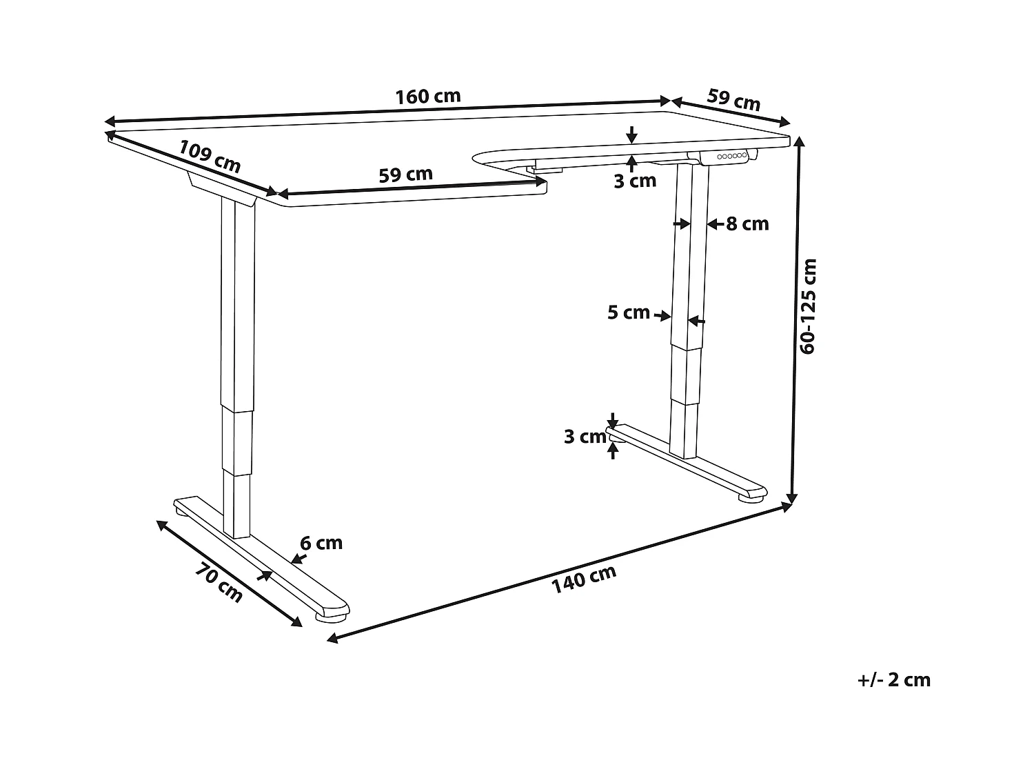 Bureau d'angle réglable électriquement DESTINES Noir/blanc 160 cm 109 cm Côté droite