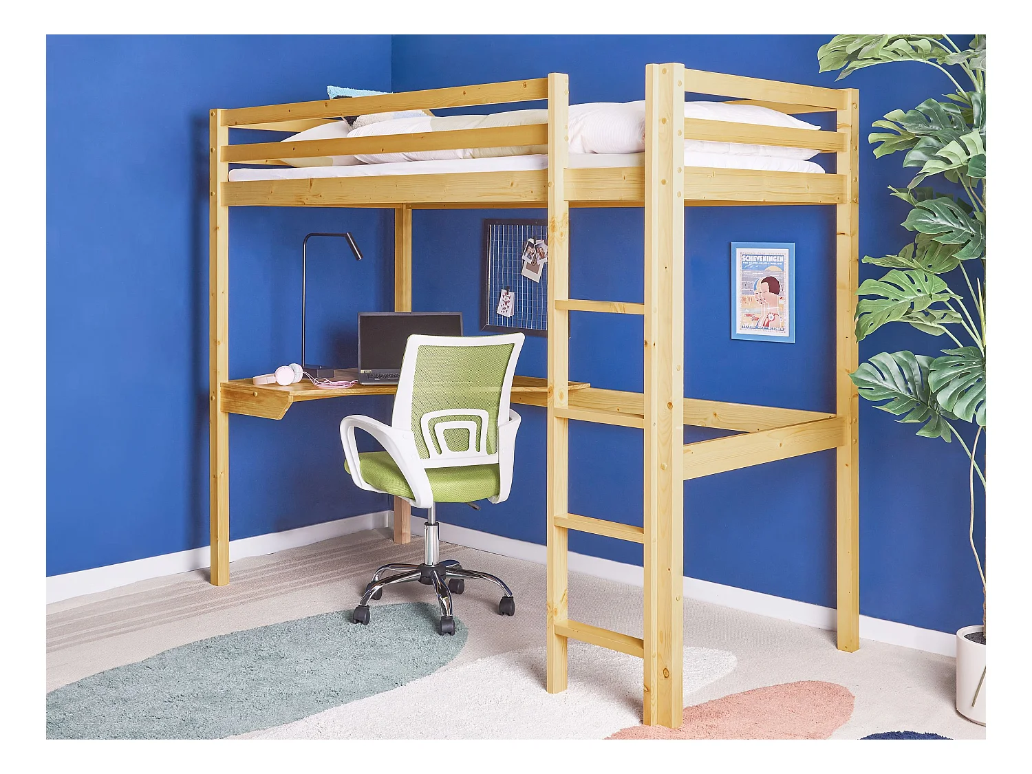 Łóżko dziecięce na antresoli z biurkiem drewniane 90 x 200 cm jasne LOURY