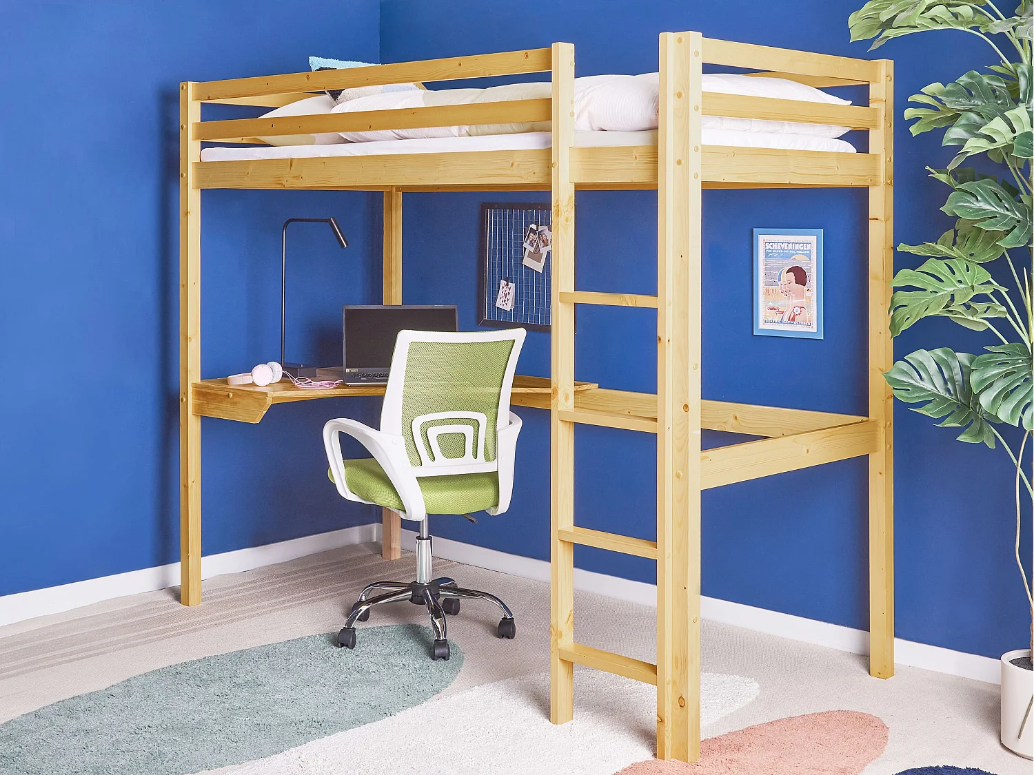 Lit en mezzanine simple avec bureau en bois clair 90 x 200 cm LOURY