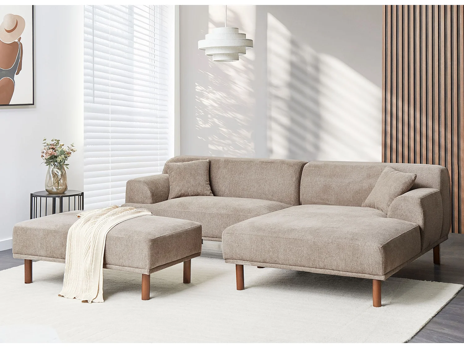 Ottomane Stoff beige / taupe mit Holzbeinen rechteckig wasserabweisend Holt