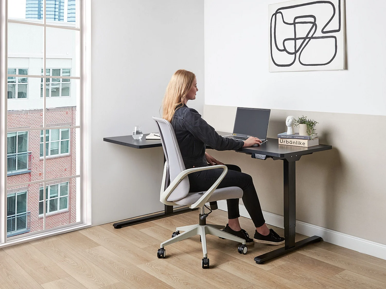 Bureau d'angle réglable électriquement DESTINES Noir 160 cm 109 cm Côté gauche