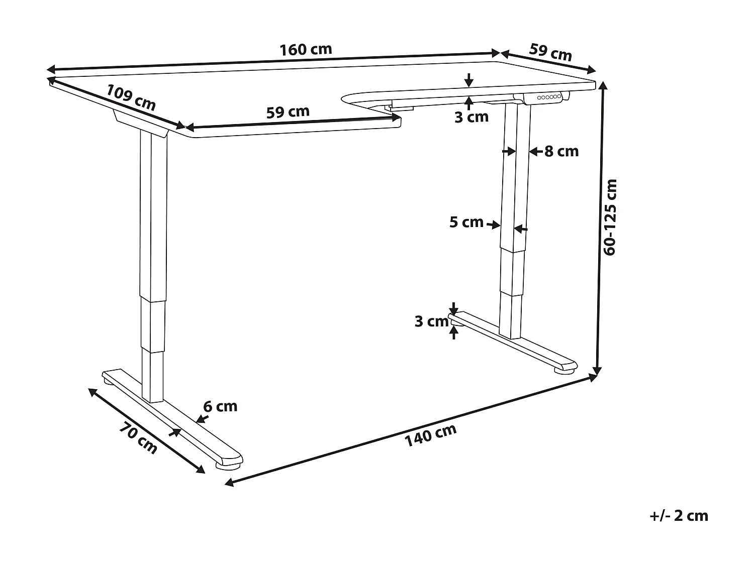 Bureau d'angle réglable électriquement DESTINES Noir 160 cm 109 cm Côté gauche