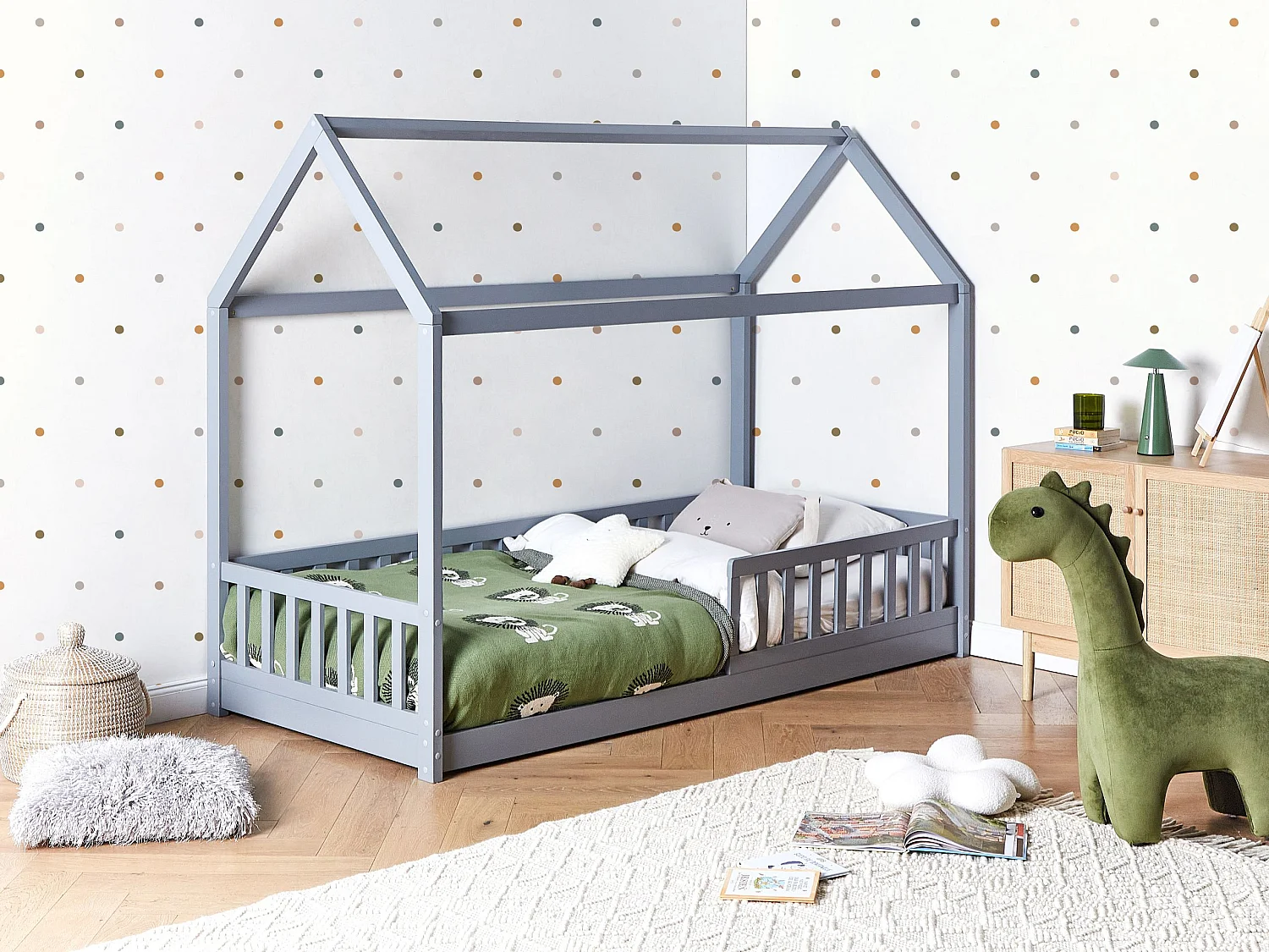 Kinder-Hausbett Kiefernholz grau Lattenrost 90 x 200 cm COSSAYE