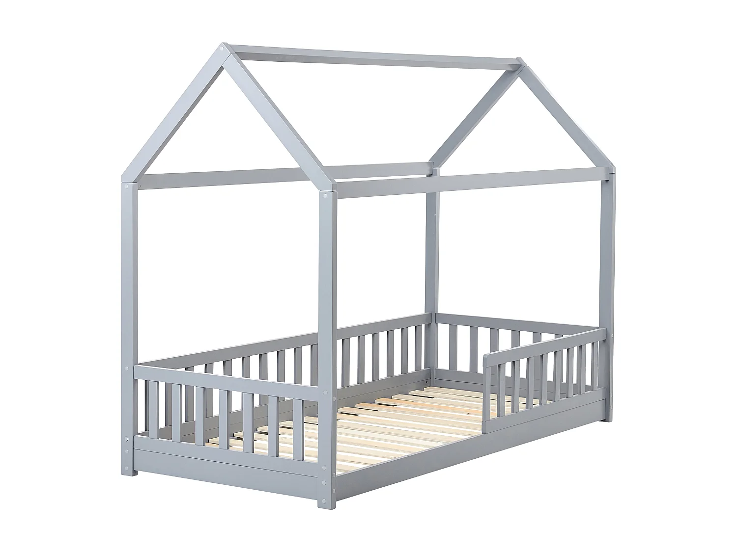 Kinder-Hausbett Kiefernholz grau Lattenrost 90 x 200 cm COSSAYE