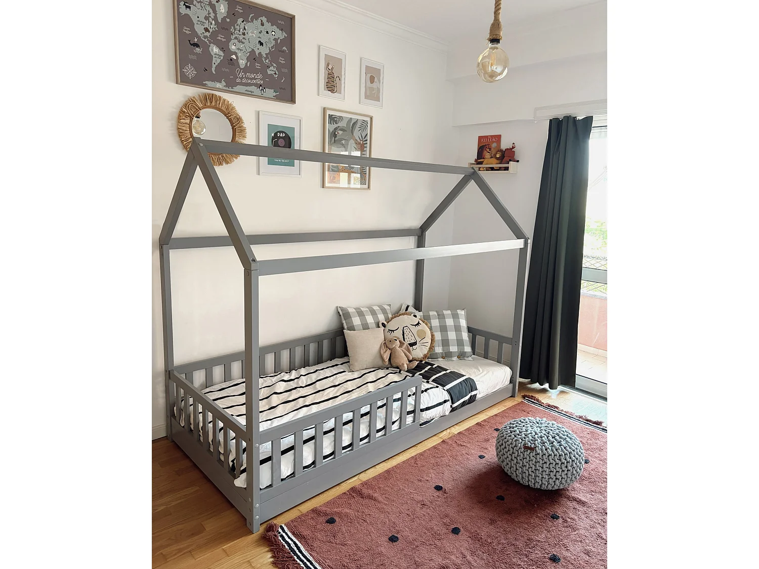 Kids Bed House Pine Wood COSSAYE 90 x 200 cm (EU Single) Grey