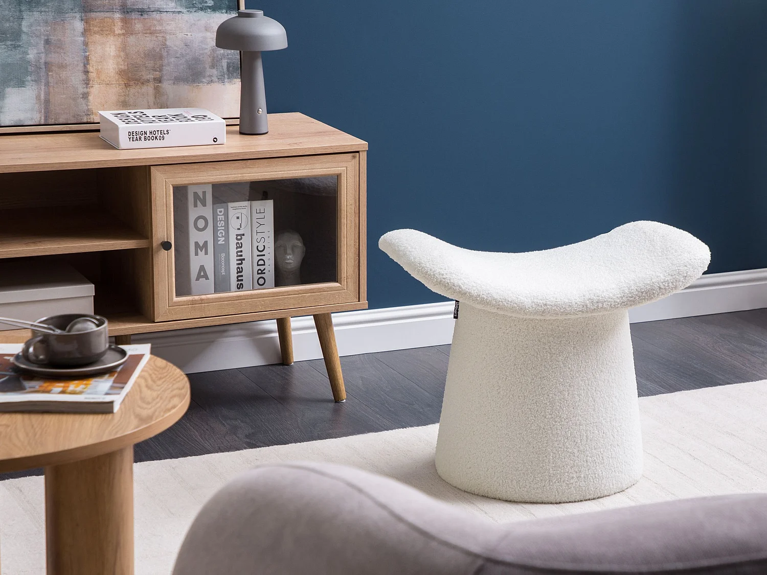 Pouf Touffeté RIDDLE Bouclé Blanc cassé